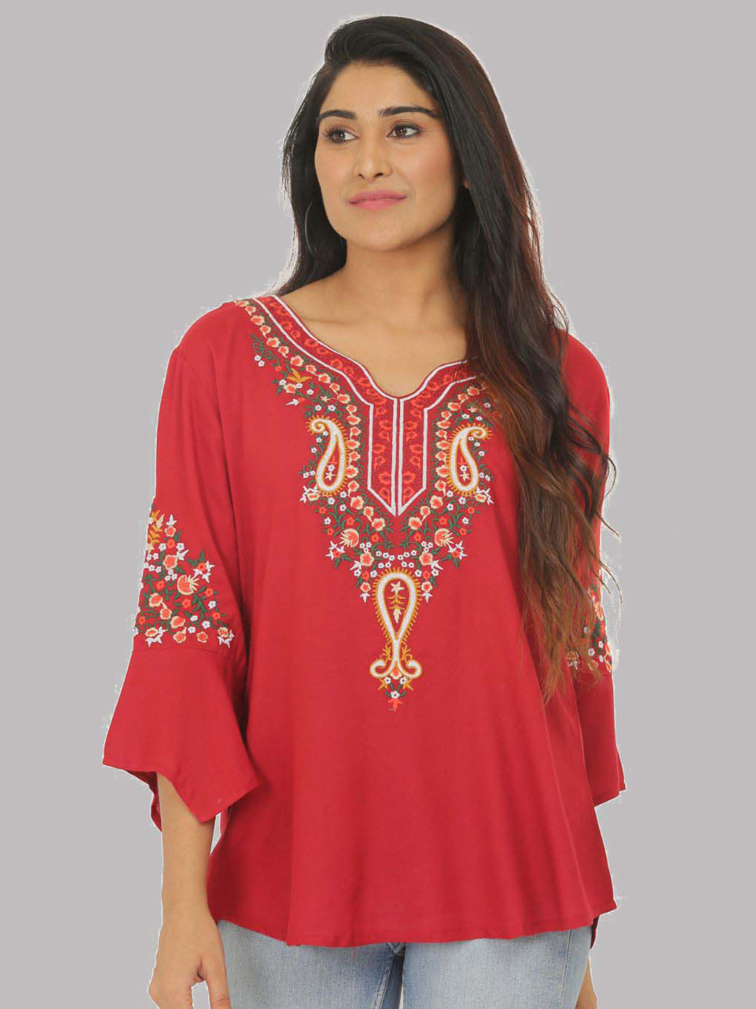 

SAAKAA Embroidered Bell Sleeves Top, Maroon
