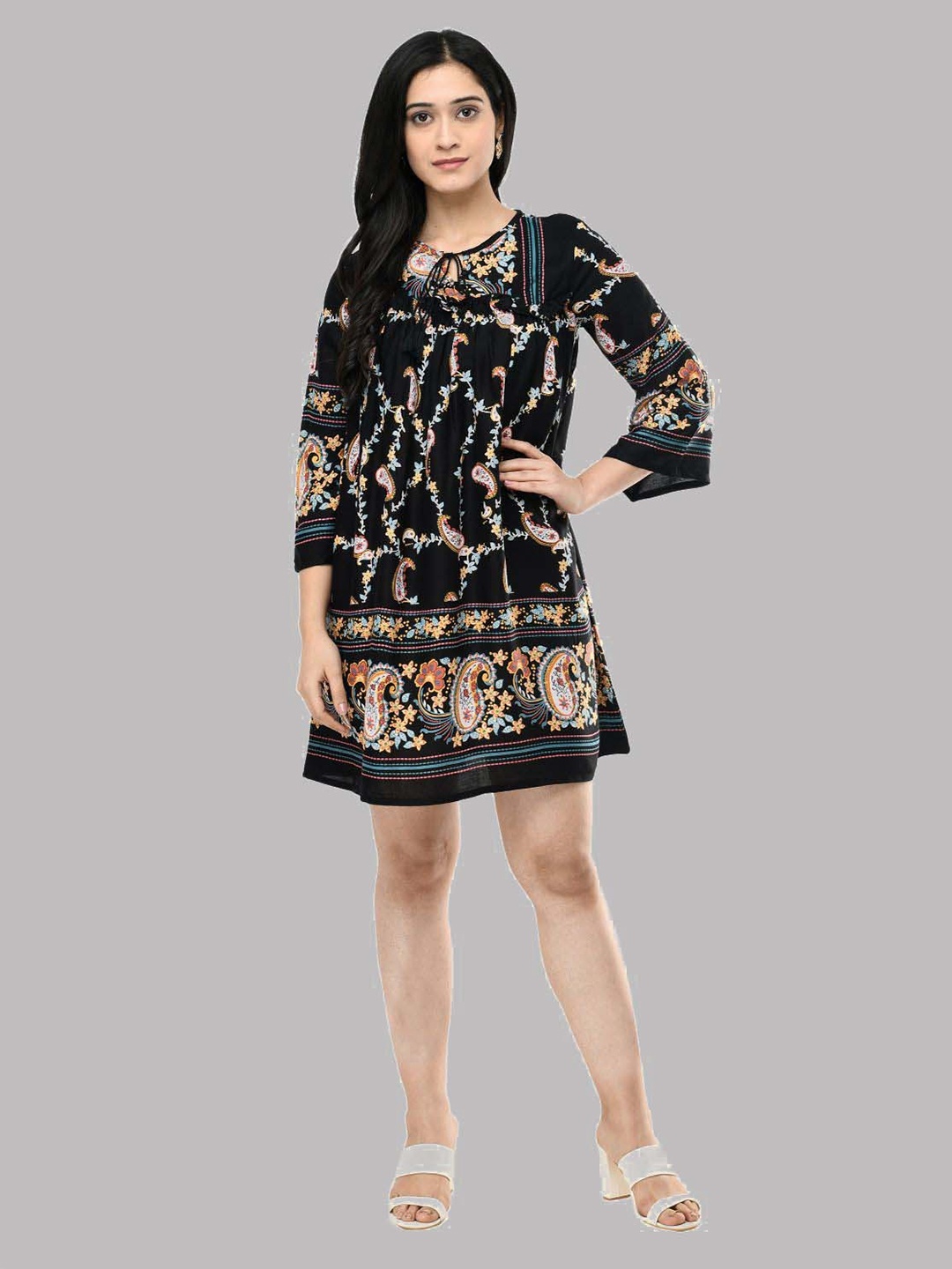 

SAAKAA Ethnic Motifs Tie-Up Neck Crepe A-Line Dress, Black