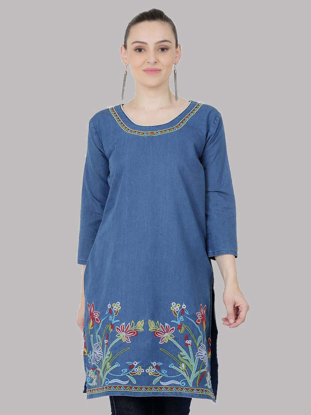 

SAAKAA Floral Embroidered Denim Kurta, Blue
