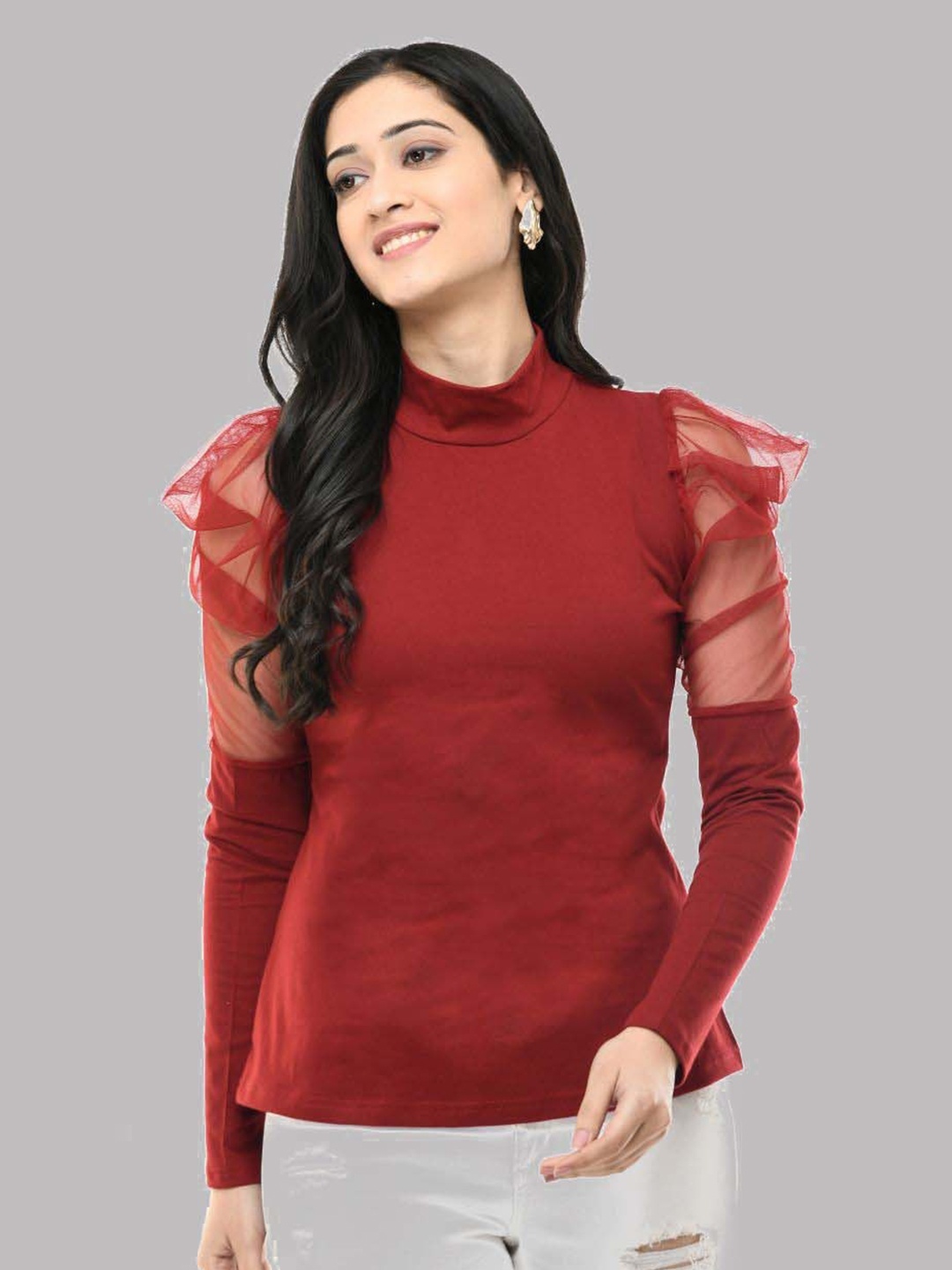 

SAAKAA High Neck Puff Sleeves Net Top, Maroon