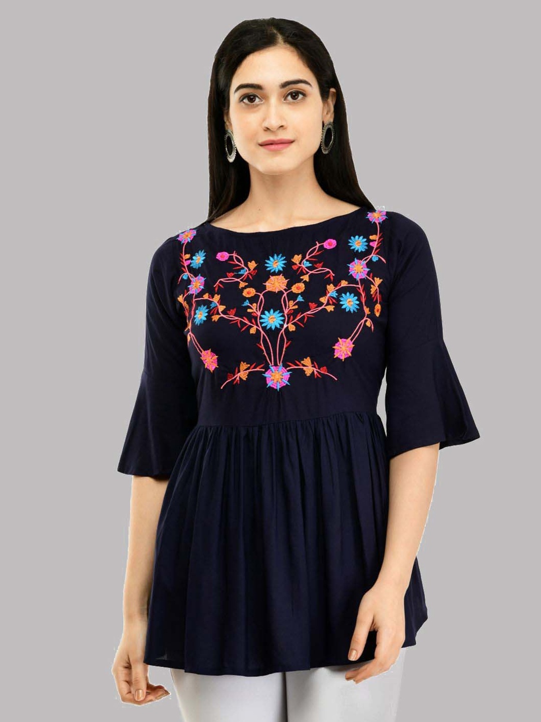 

SAAKAA Floral Embroidered Empire Tunic, Navy blue
