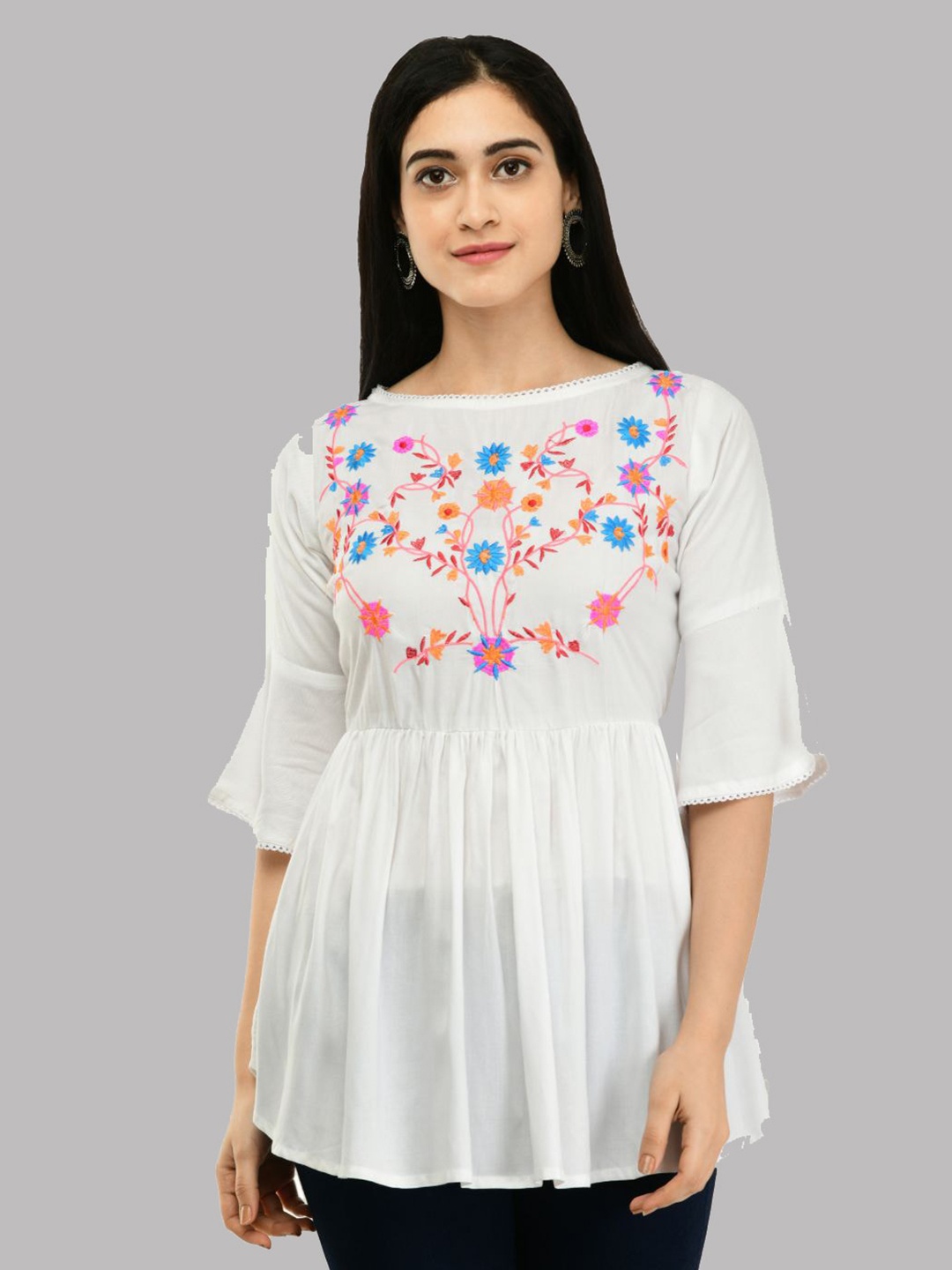 

SAAKAA Floral Embroidered Empire Tunic, White