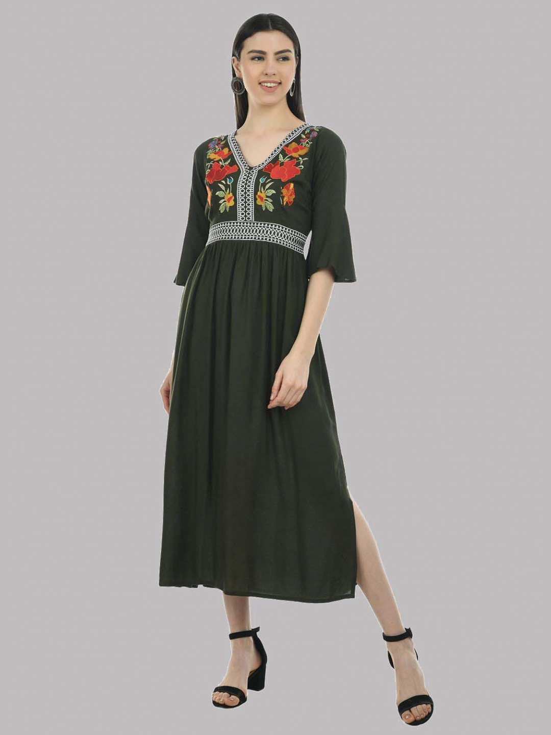 

SAAKAA Olive Floral A-Line Midi Dress