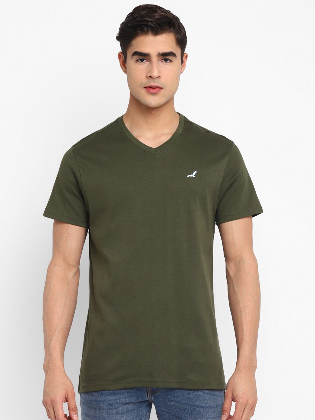 

American Crew Men V-Neck Pure Cotton T-shirt, Olive