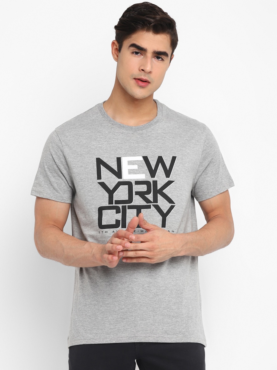 

American Crew Men Typography Printed Cotton T-shirt, Grey melange