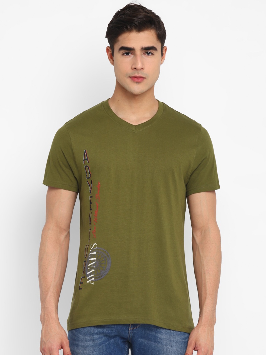 

American Crew Men Typography Printed V-Neck Cotton T-shirt, Olive