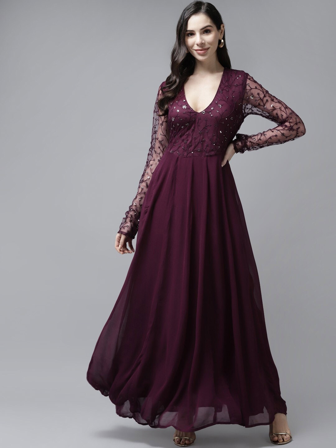 

PANIT Floral Embroidered Georgette Maxi Dress, Purple