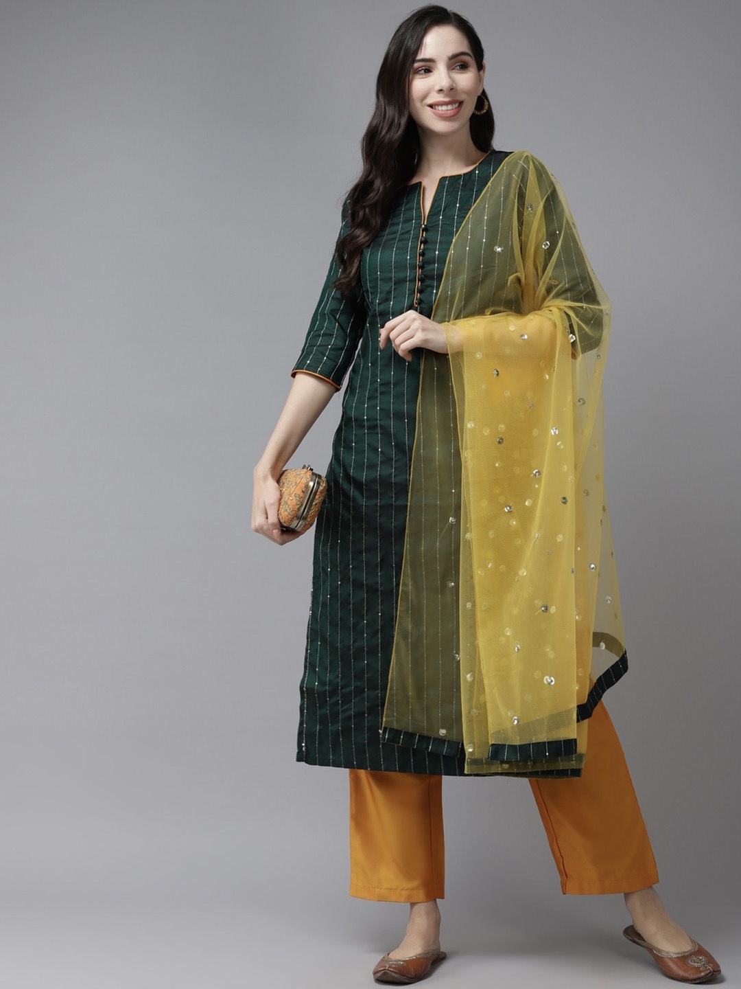 

PANIT Woven Design Sequinned Notch Collar Kurta with Trousers & Dupatta, Green