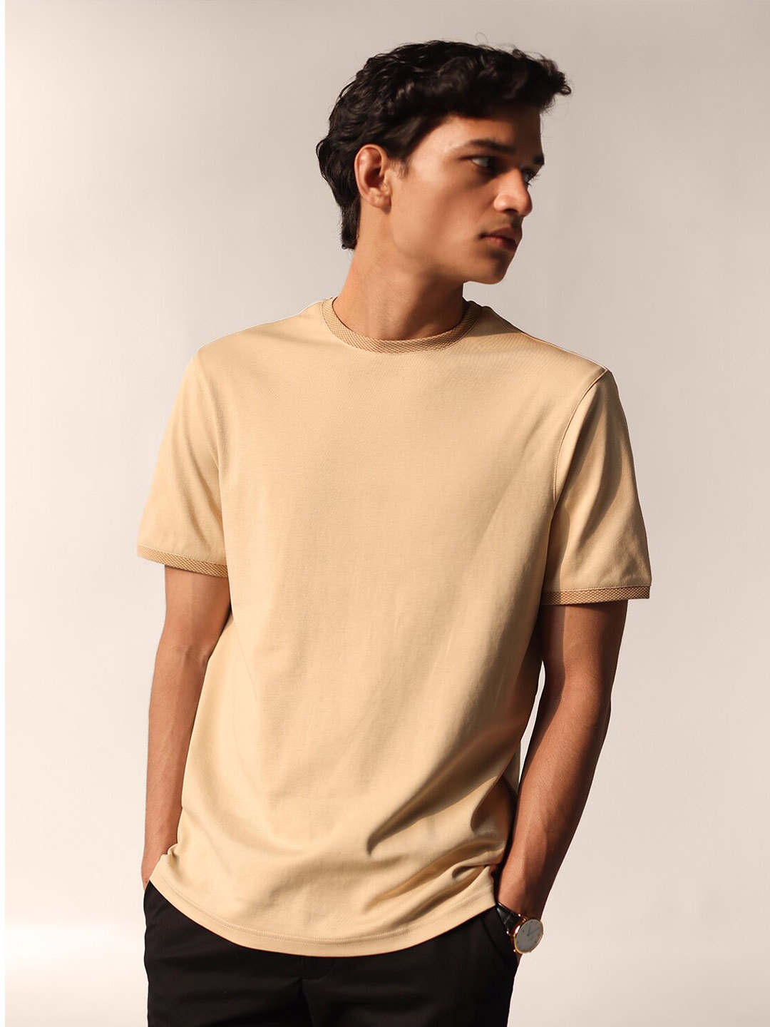 

Andamen Men Extended Sleeves Raw Edge Cotton T-shirt, Beige