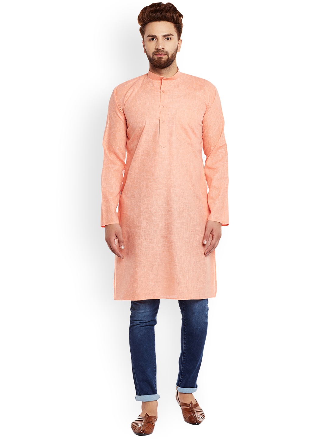

SOJANYA Men Orange Solid Straight Kurta