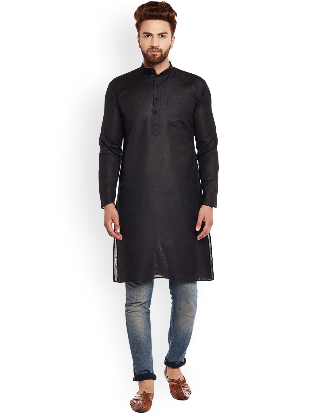 

SOJANYA Men Black Solid Straight Kurta