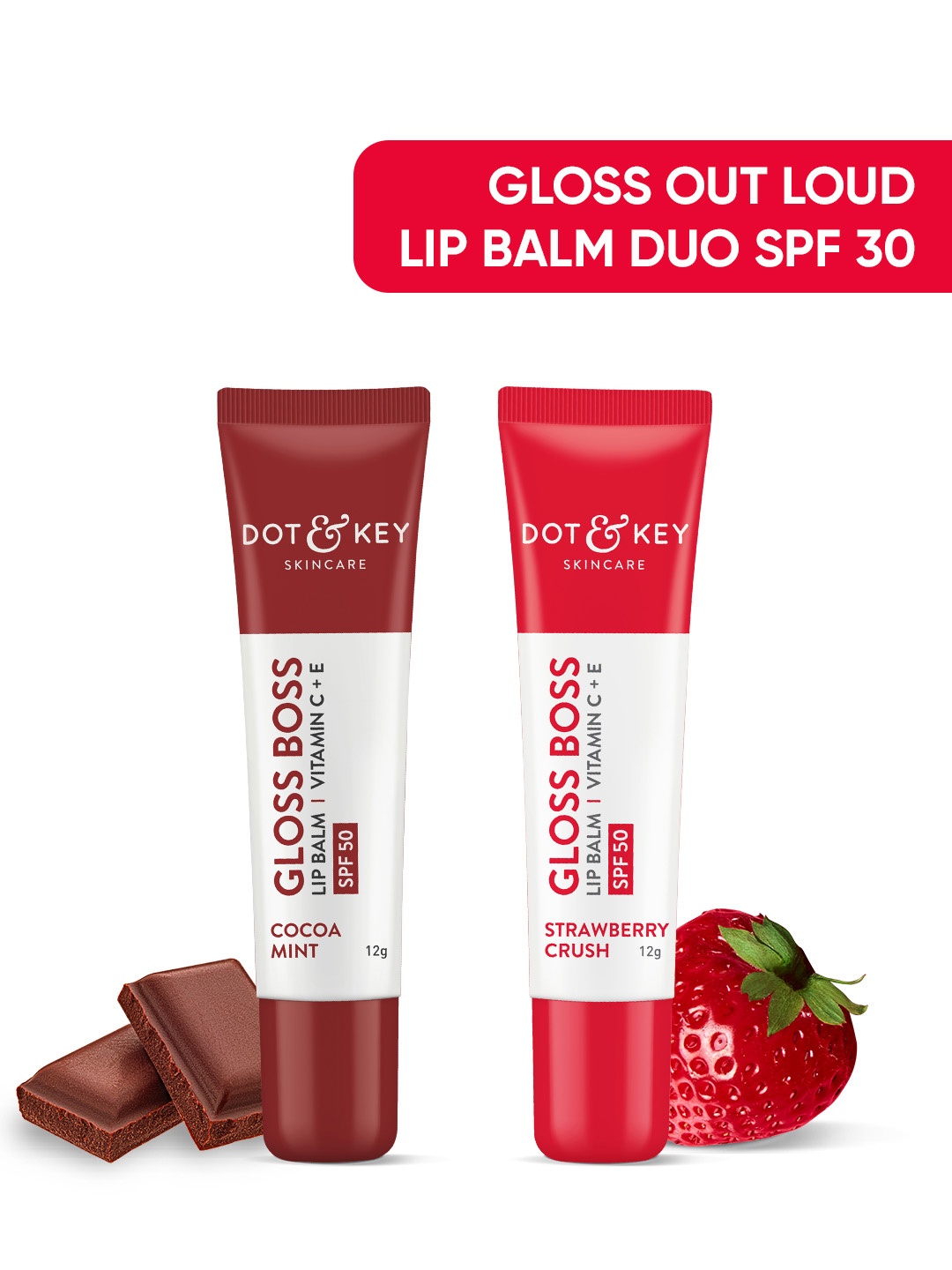 

DOT & KEY Glossy Pout Lip Balm Combo - Softens Dry Lips - Strawberry & Cocoa Mint SPF30, Red