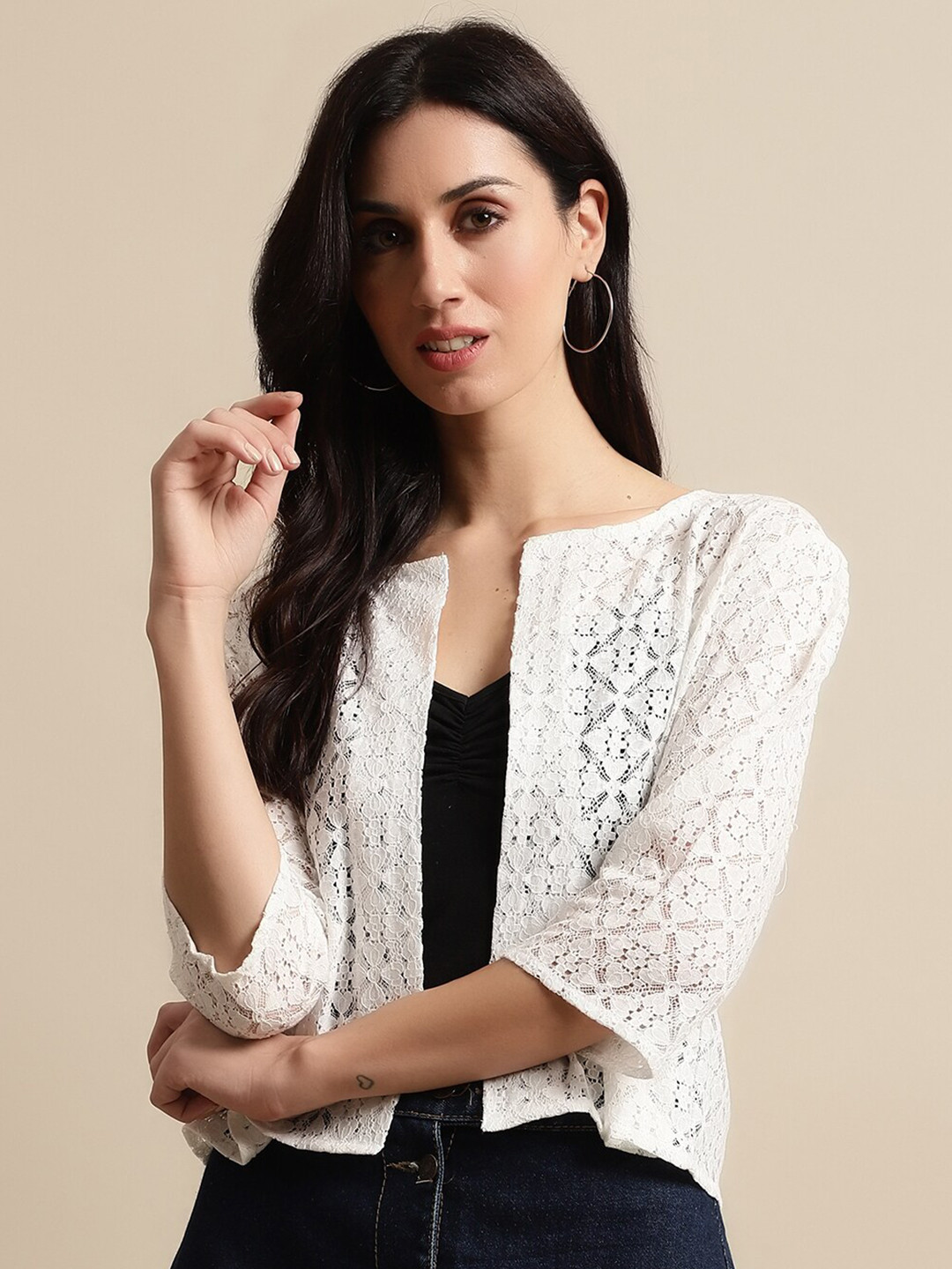 

UnaOne Women Cotton Self Design Open Front Shrug, Off white