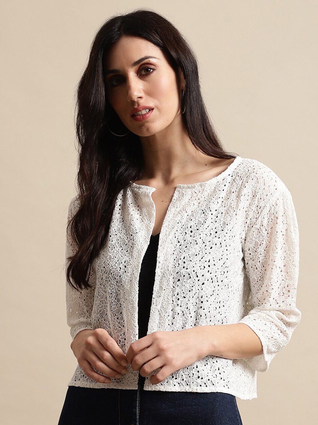 

UnaOne Women Self Design Open Front Shrug, Off white