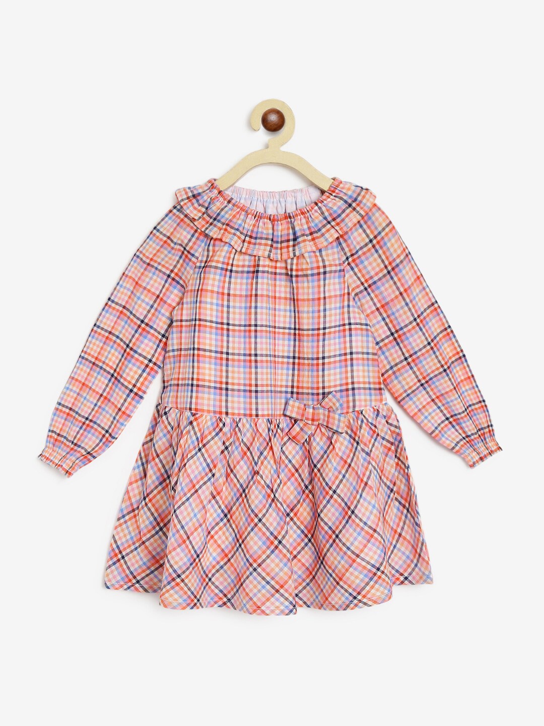 

Campana Girls Checked Fit and Flare Cotton Dress, Peach