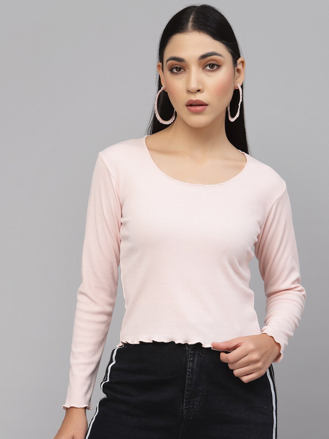 

HILL STREET Round Neck Full Sleeves Cotton Top, Pink