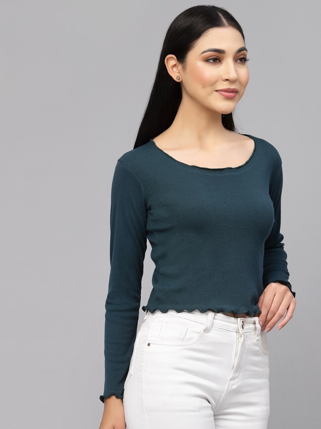 

HILL STREET Round Neck Long Sleeves Pure Cotton Top, Navy blue