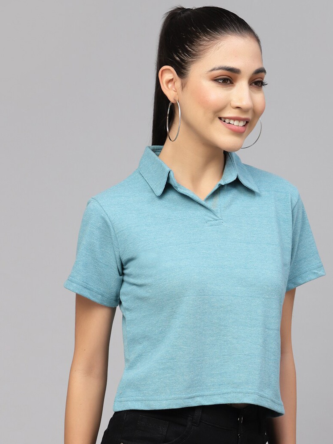 

HILL STREET Women Polo Collar Cotton T-shirt, Blue
