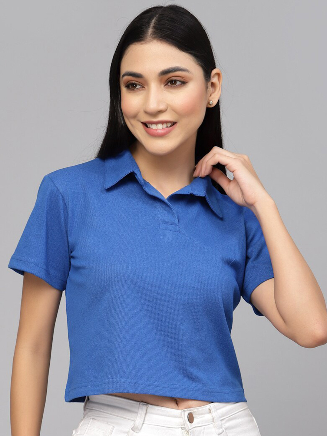 

HILL STREET Women Polo Collar Cotton T-shirt, Blue