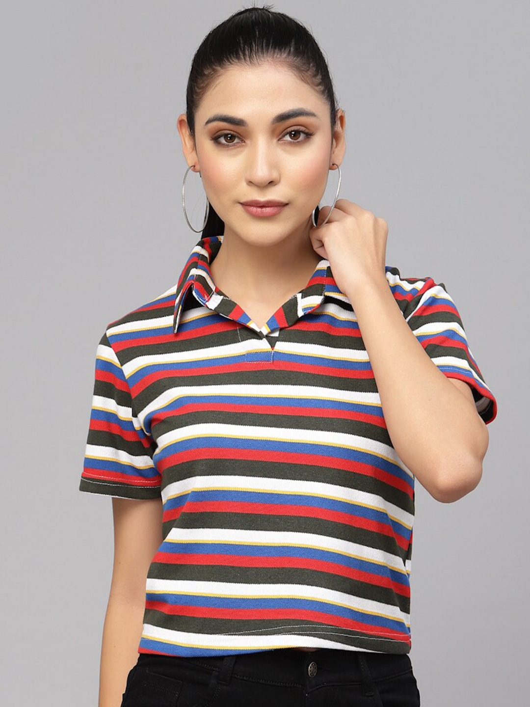 

HILL STREET Women Striped Polo Collar Cotton T-shirt, Red