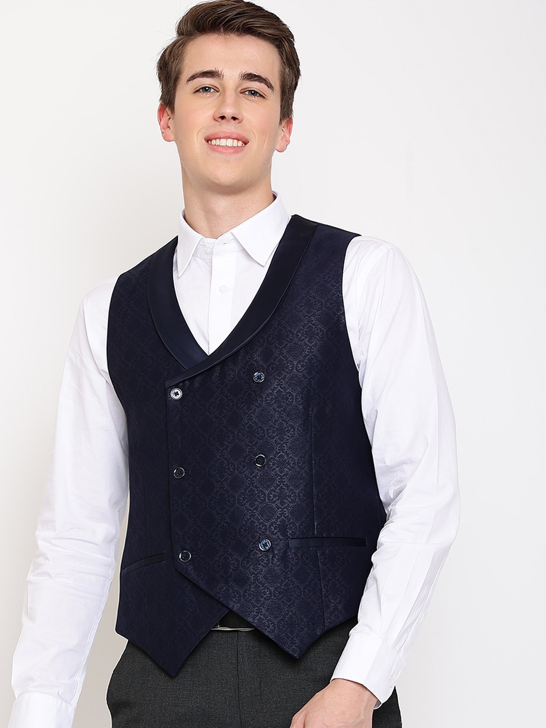 

Cantabil Men Printed Double Breasted Silk Waistcoat, Navy blue