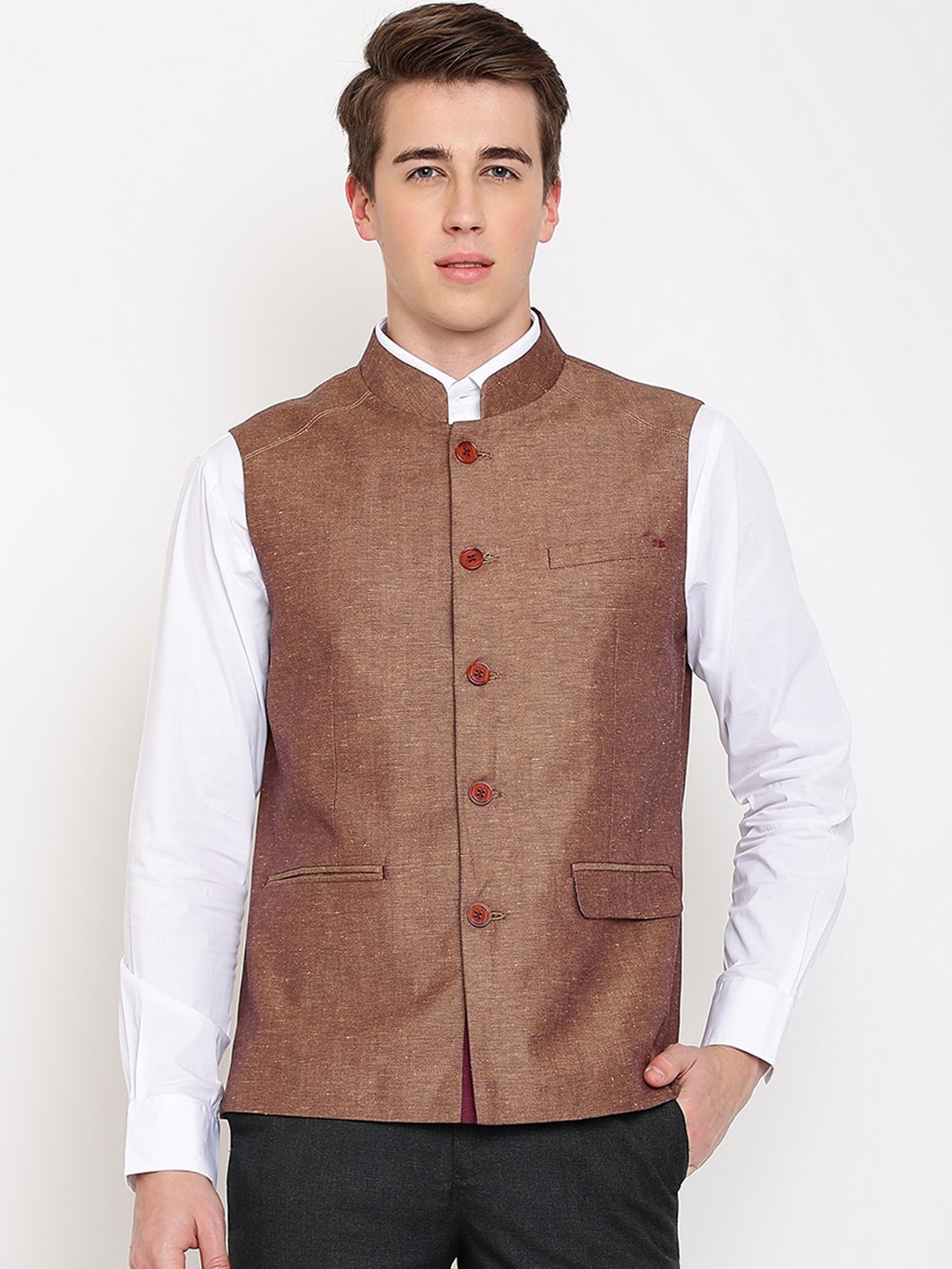 

Cantabil Men Woven Design Cotton Waistcoat, Camel brown