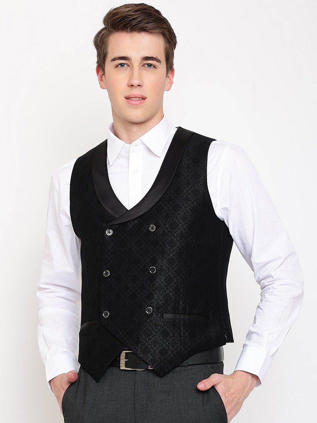 

Cantabil Men Woven Design Silk Double Breasted Waistcoat, Black