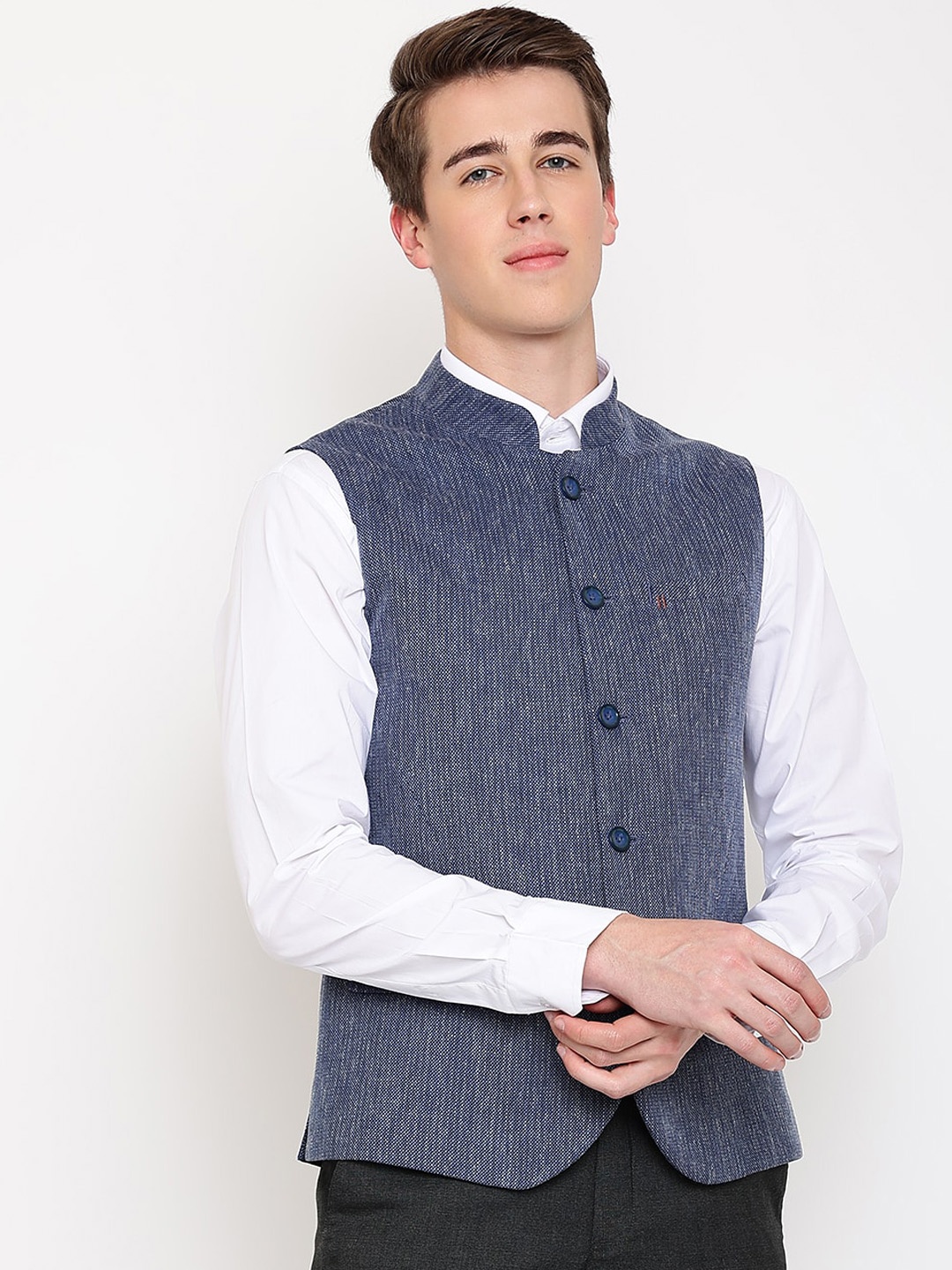 

Cantabil Men Woven Design Cotton Waistcoat, Blue