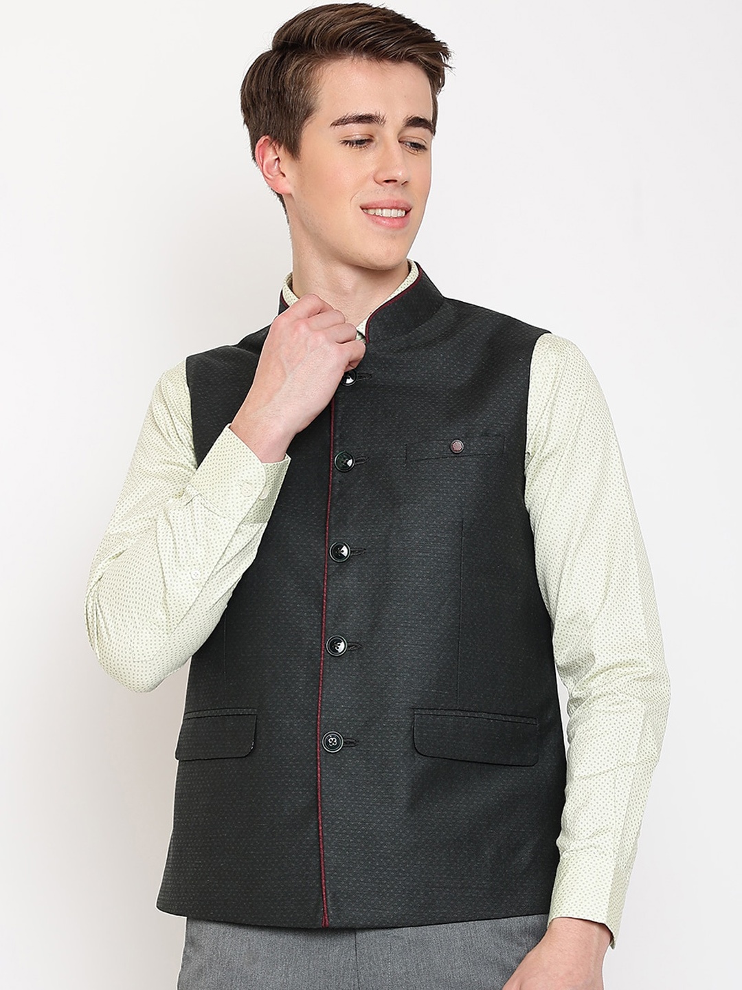 

Cantabil Men Woven Design Cotton Waistcoat, Green