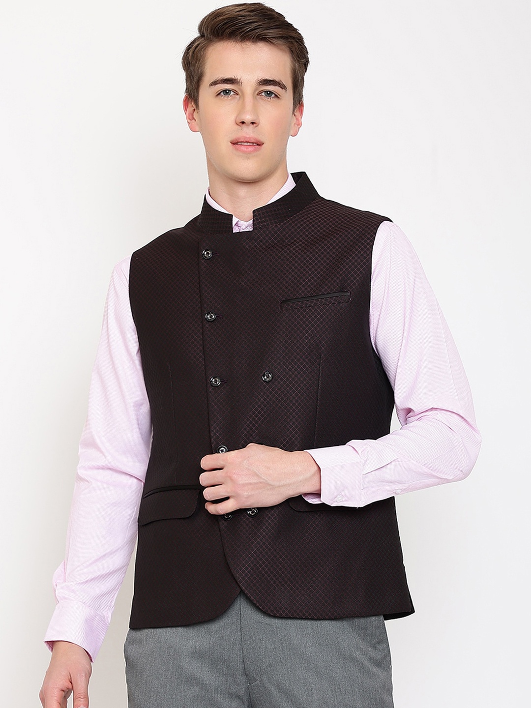 

Cantabil Men Woven Design Cotton Waistcoat, Maroon