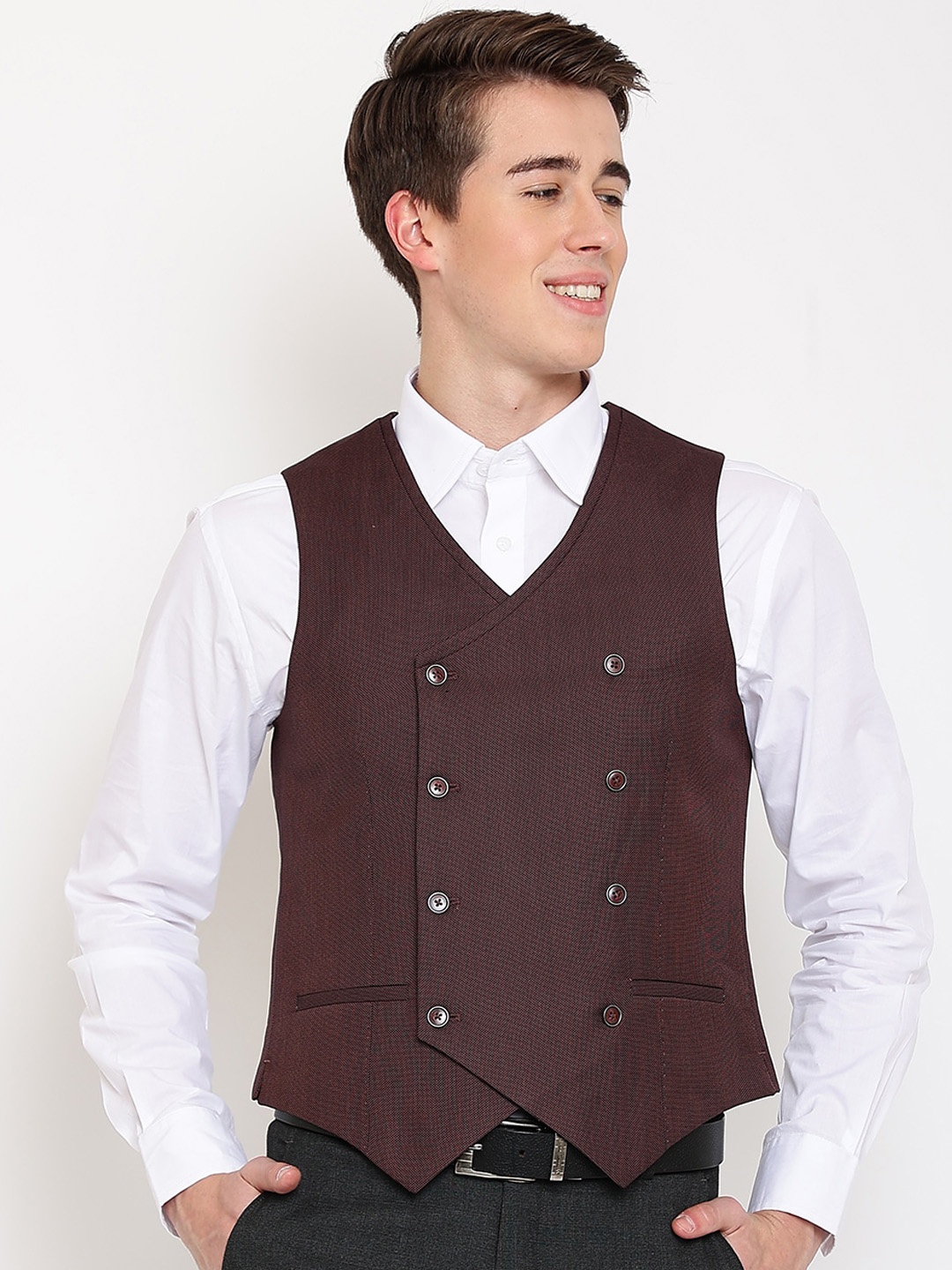 

Cantabil Men Woven Design Cotton Double Breasted Waistcoat, Rust