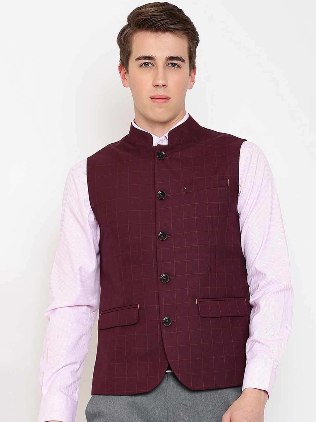 

Cantabil Men Checked Cotton Waistcoat, Burgundy