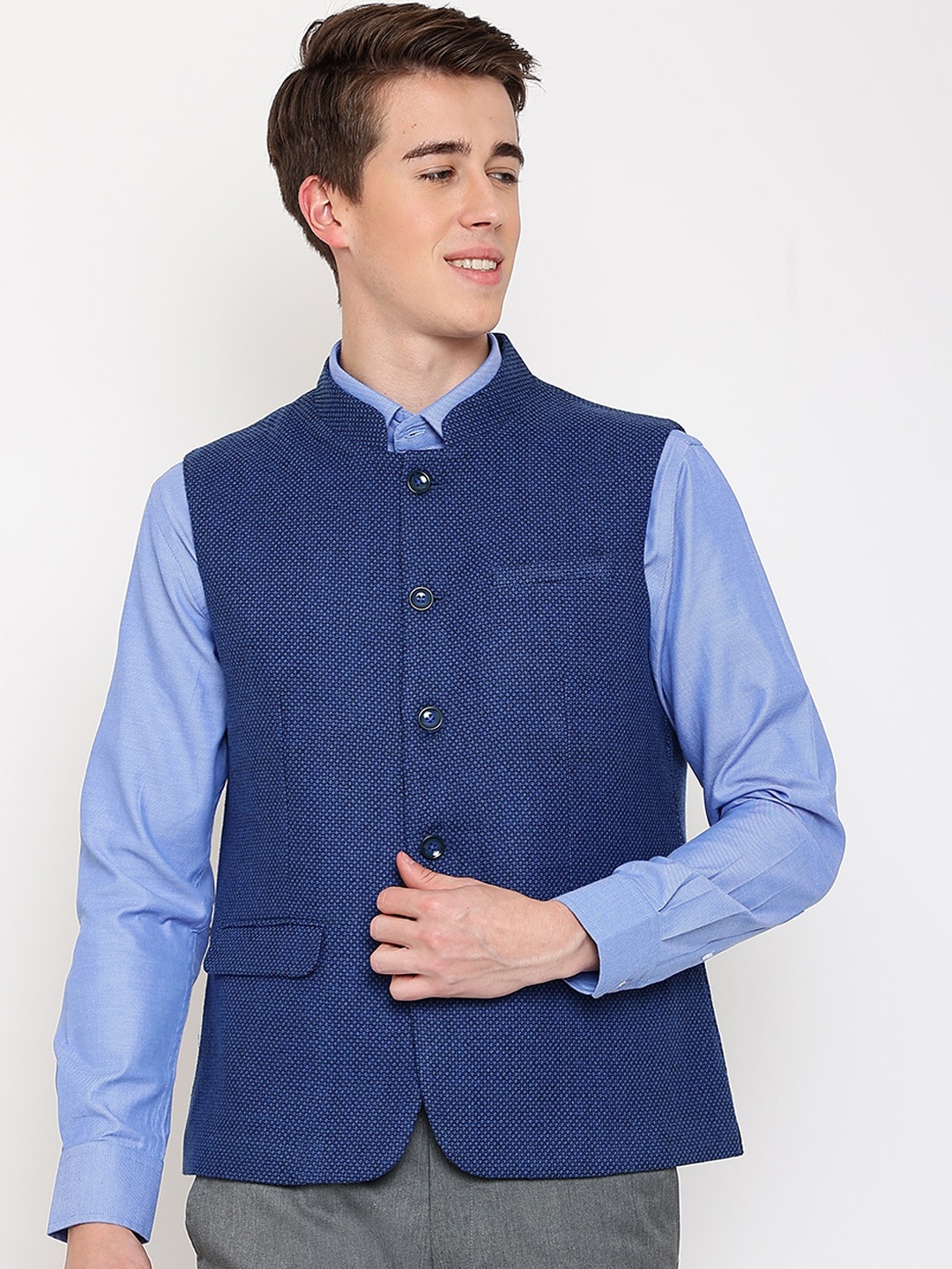 

Cantabil Men Woven Design Cotton Waistcoat, Blue