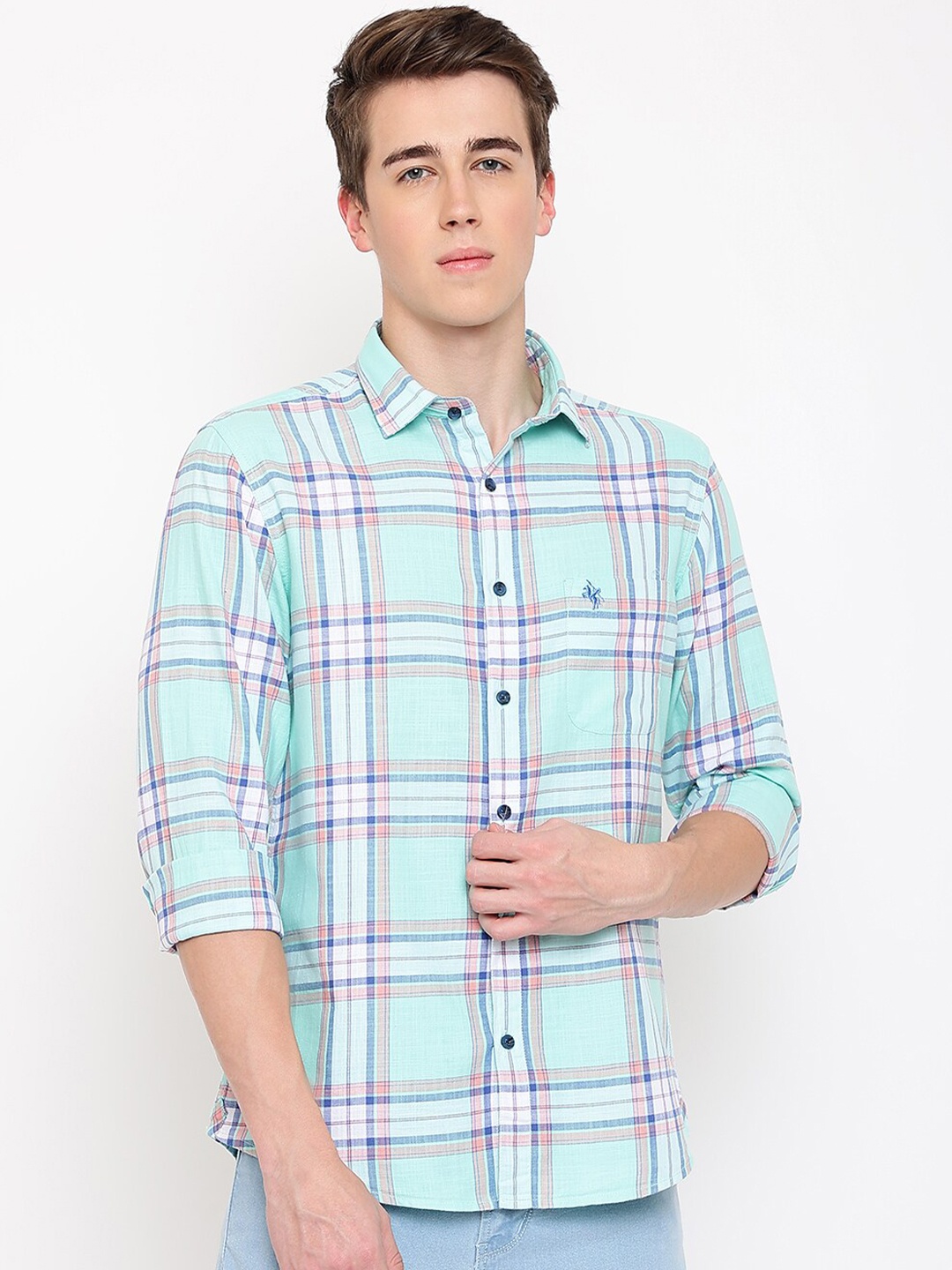 

Cantabil Men Tartan Checked Cotton Casual Shirt, Sea green