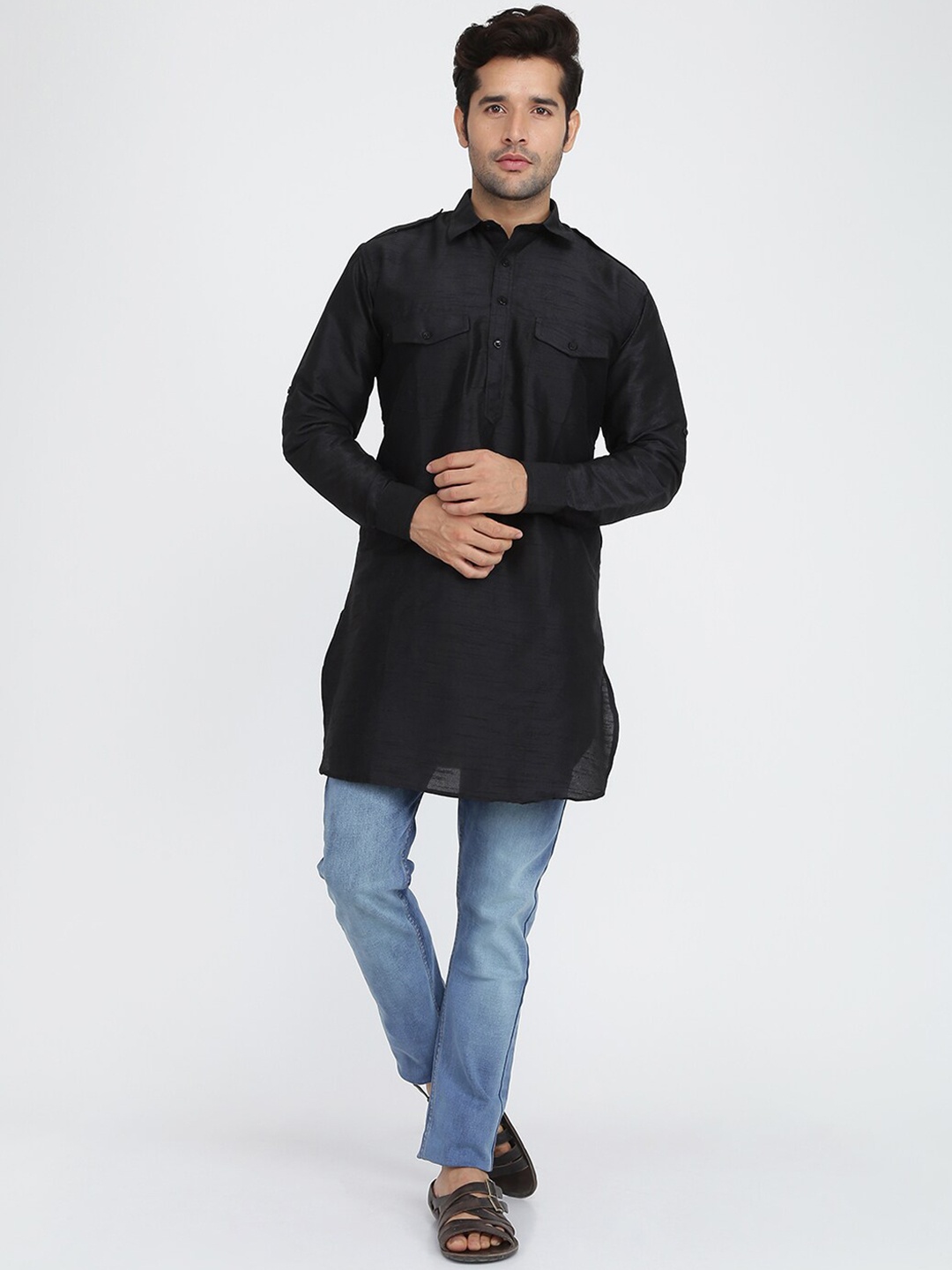 

ROYAL KURTA Men Dupion Silk Pathani Kurta, Black