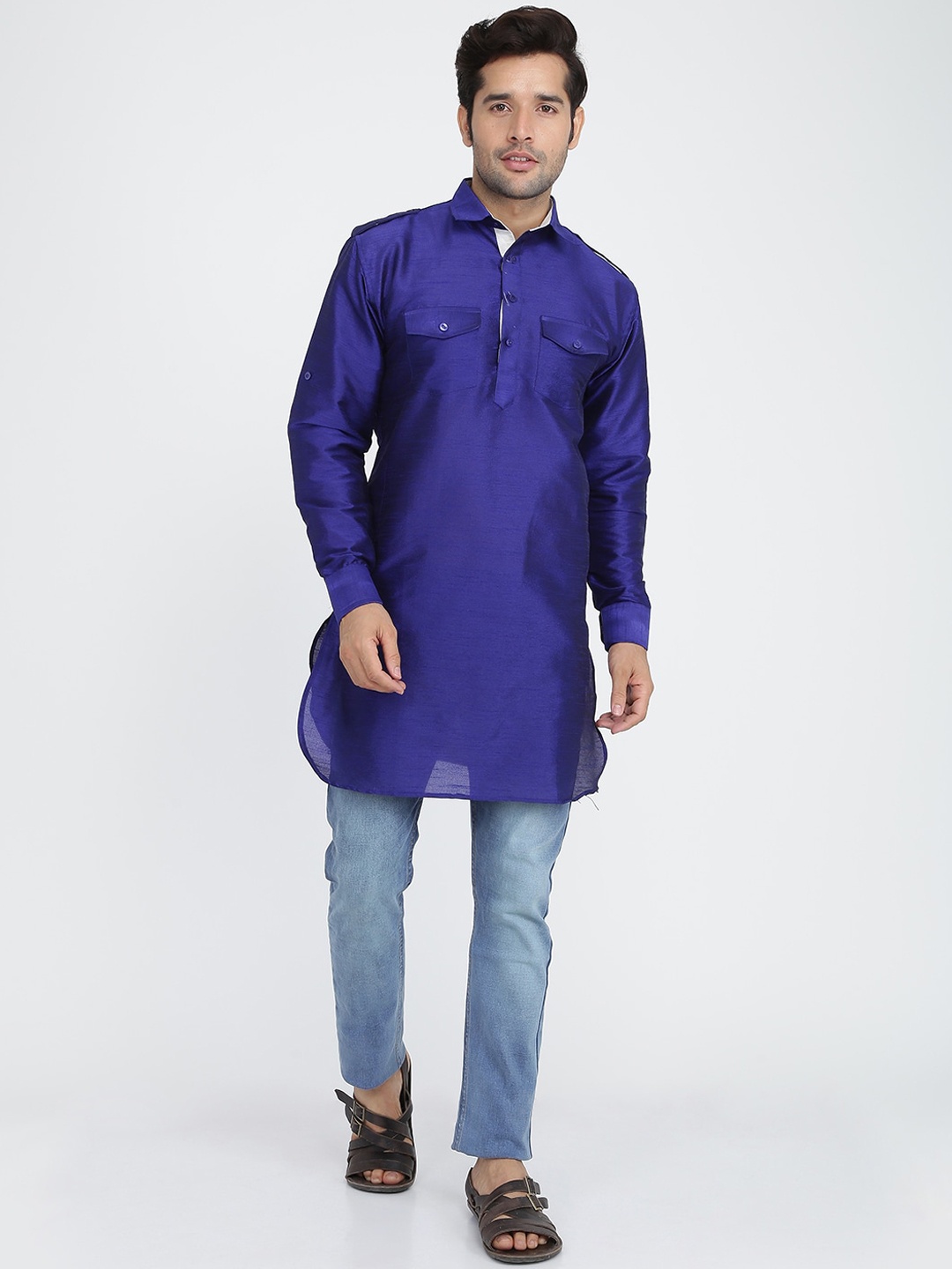 

ROYAL KURTA Men Dupion Silk Pathani Kurta, Blue