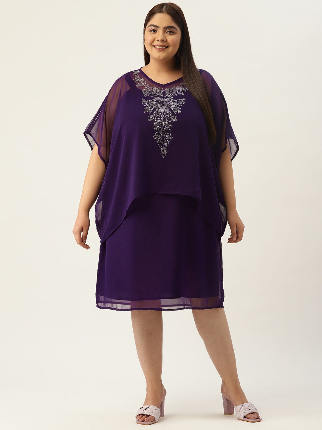 

theRebelinme Floral Layered Georgette A-Line Midi Dress, Purple