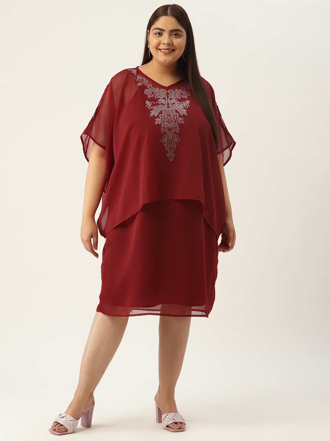 

theRebelinme Floral Layered Georgette A-Line Midi Dress, Maroon