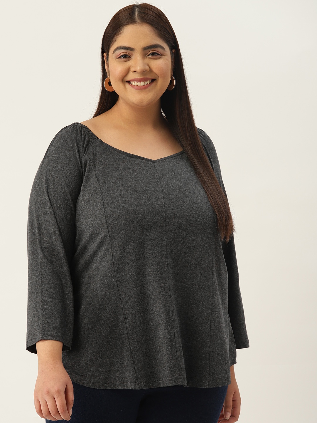 

theRebelinme Women Plus Size Sweetheart Neck Top, Charcoal