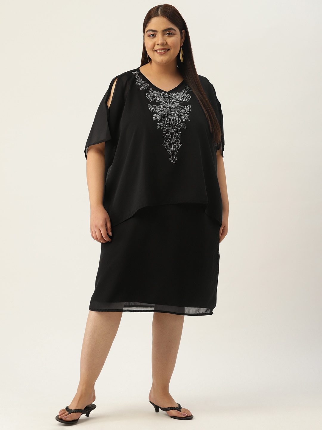

theRebelinme Floral Layered Georgette A-Line Midi Dress, Black
