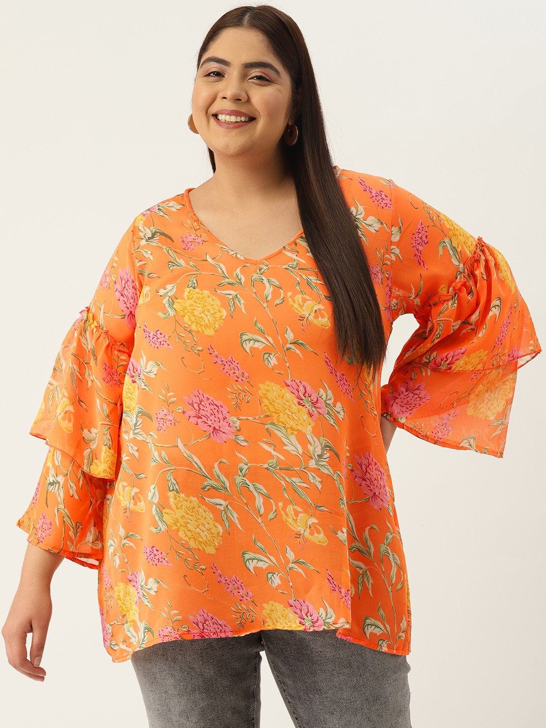 

theRebelinme Women Plus Size Floral Print Bell Sleeves Georgette Longline Top, Orange