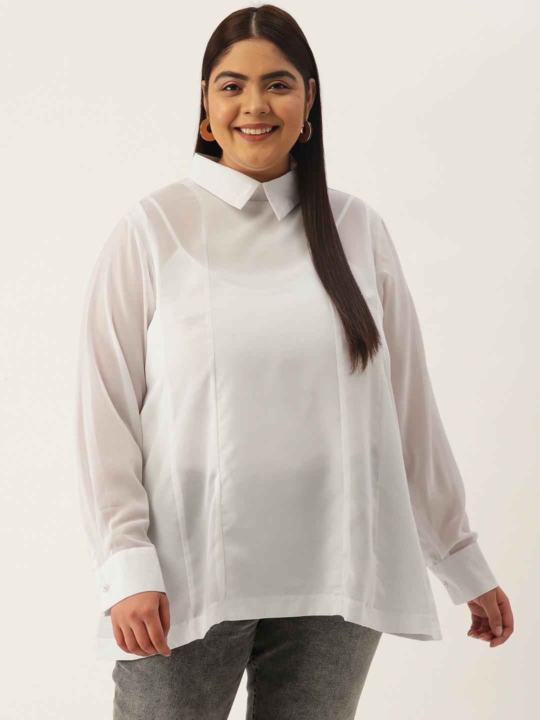 

theRebelinme Women Plus Size Georgette Shirt Style Longline Top, White