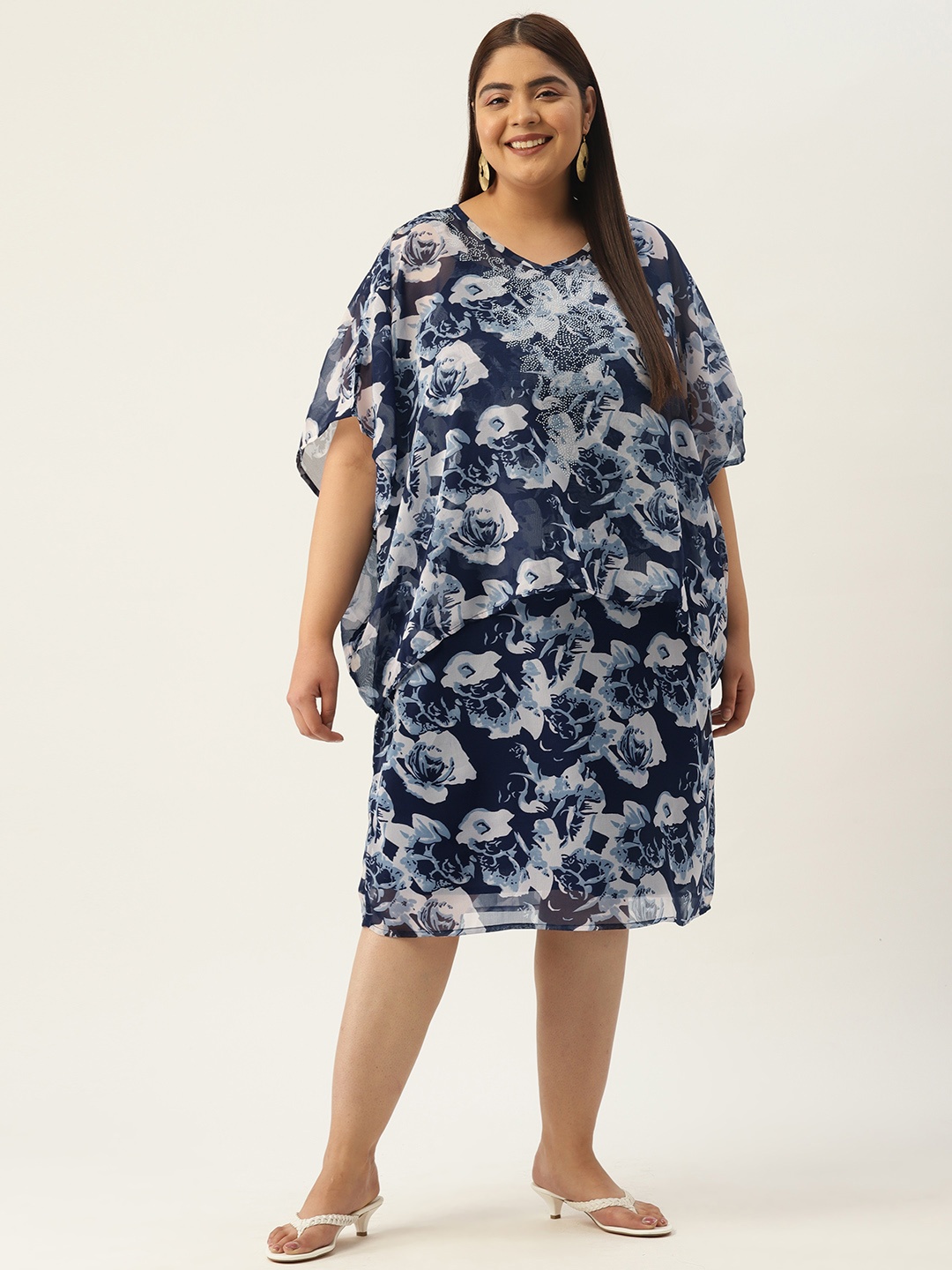 

theRebelinme Floral Layered Georgette A-Line Midi Dress, Navy blue