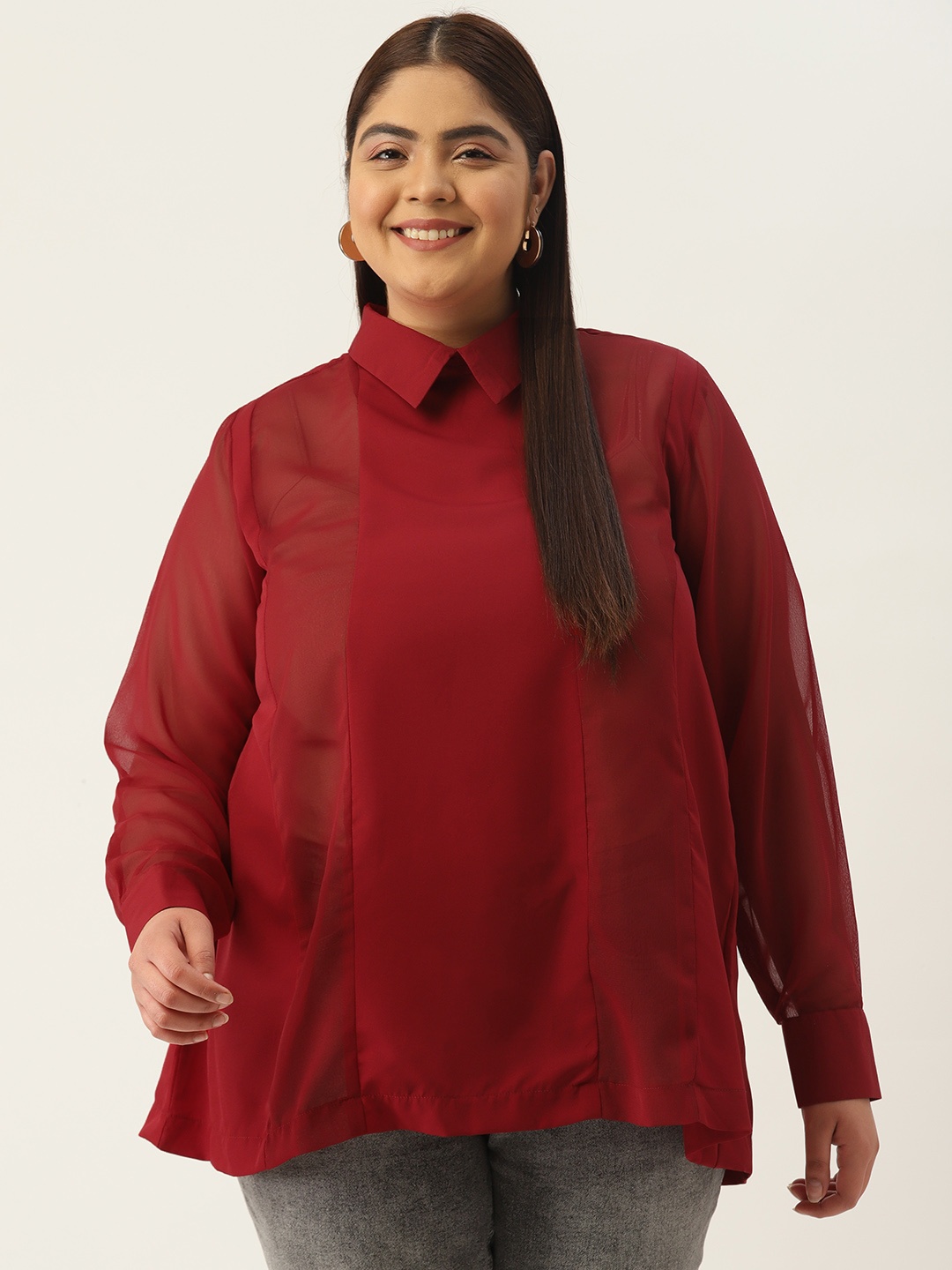 

theRebelinme Women Plus Size Georgette Shirt Style Longline Top, Maroon