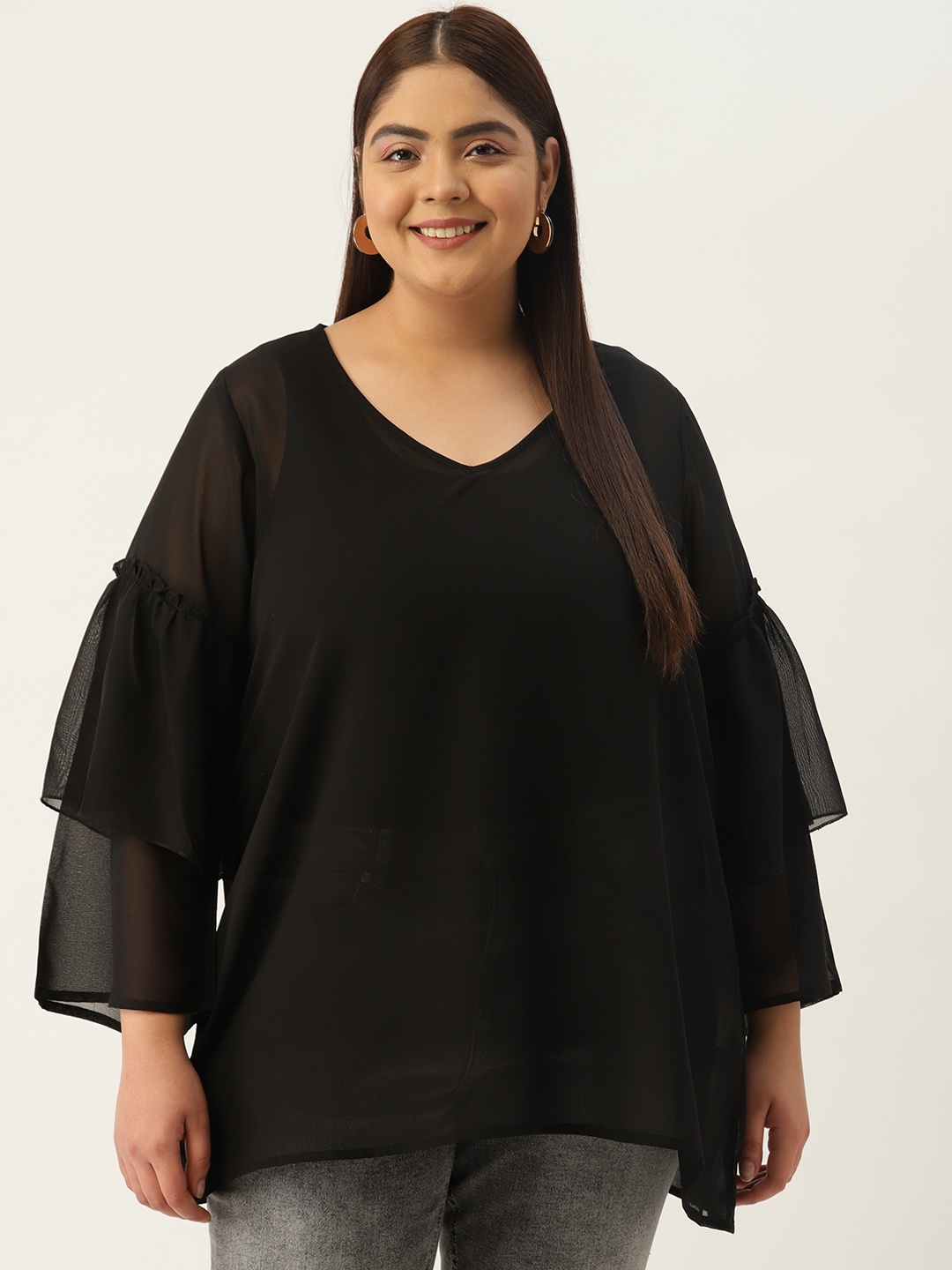 

theRebelinme Women Plus Size Ruffles Bell Sleeves Georgette Longline Top, Black