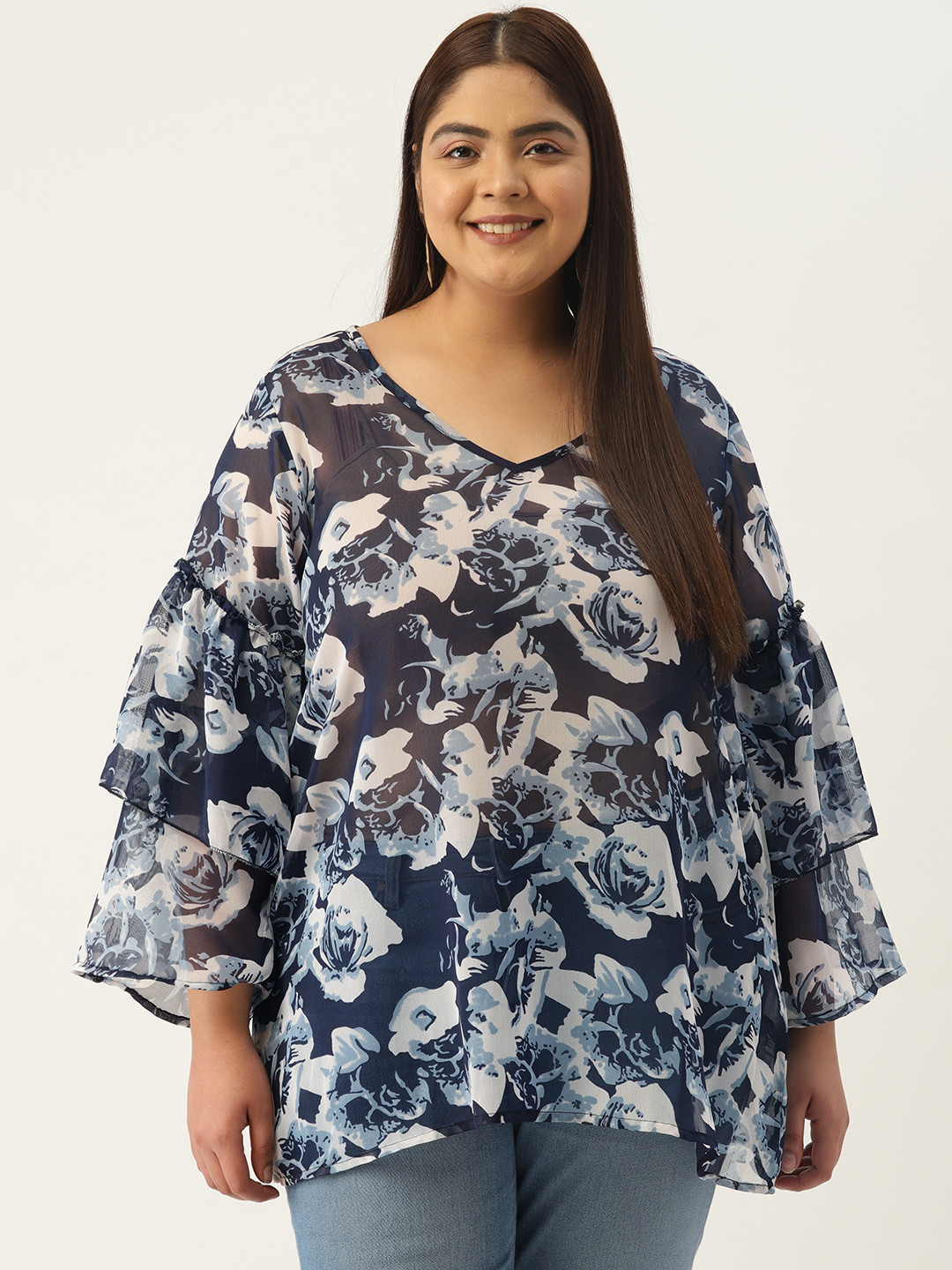 

theRebelinme Women Plus Size Floral Print Bell Sleeves Georgette Longline Top, Navy blue