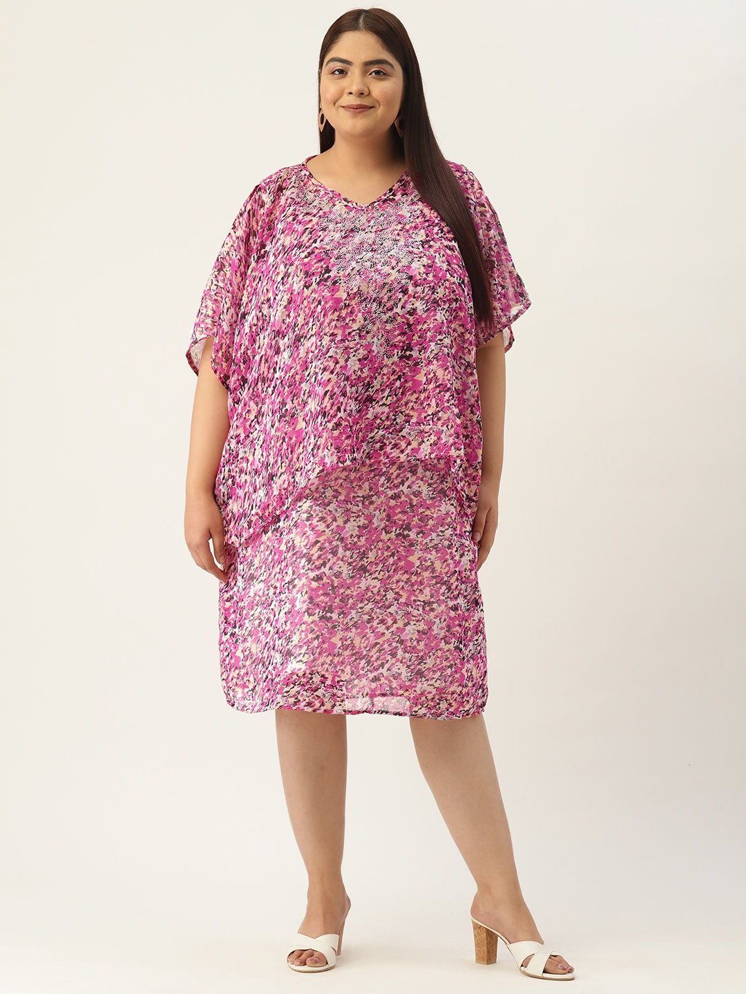 

theRebelinme Women Plus Size Printed Embellished Slit Sleeves Layered Georgette Midi Dress, Pink