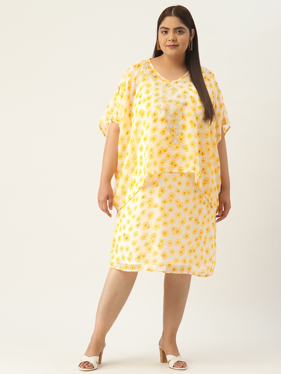

theRebelinme Women Plus Size Printed Embellished Slit Sleeves Layered Georgette Midi Dress, Yellow