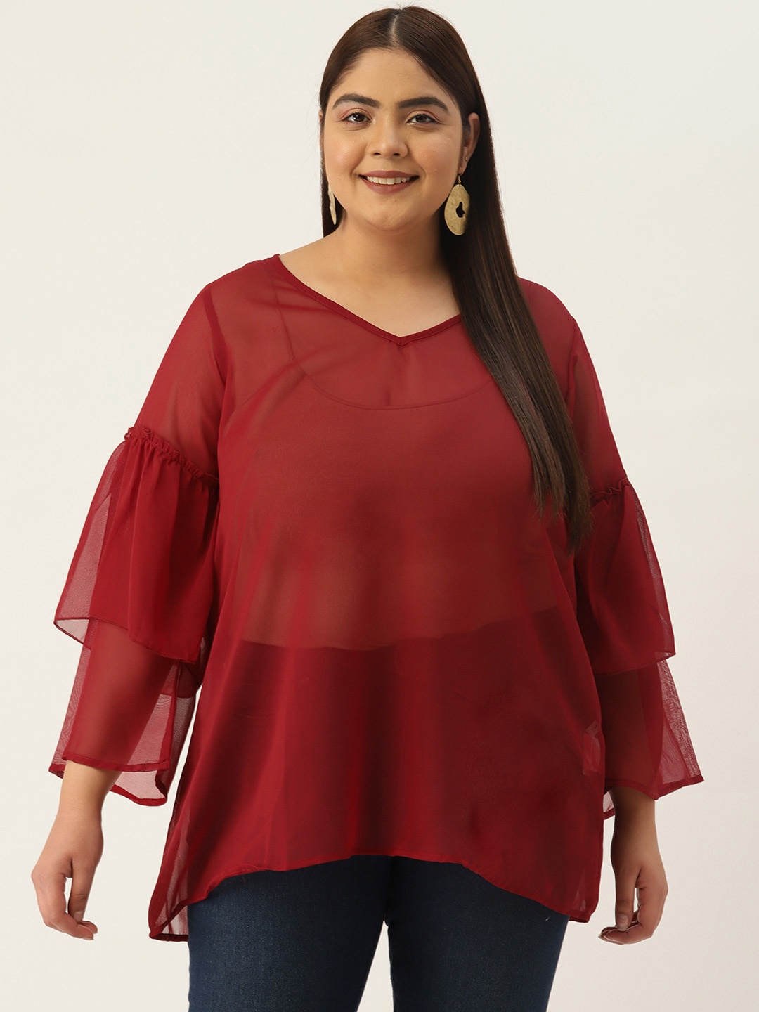 

theRebelinme Women Plus Size Bell Sleeves Georgette Longline Top, Maroon