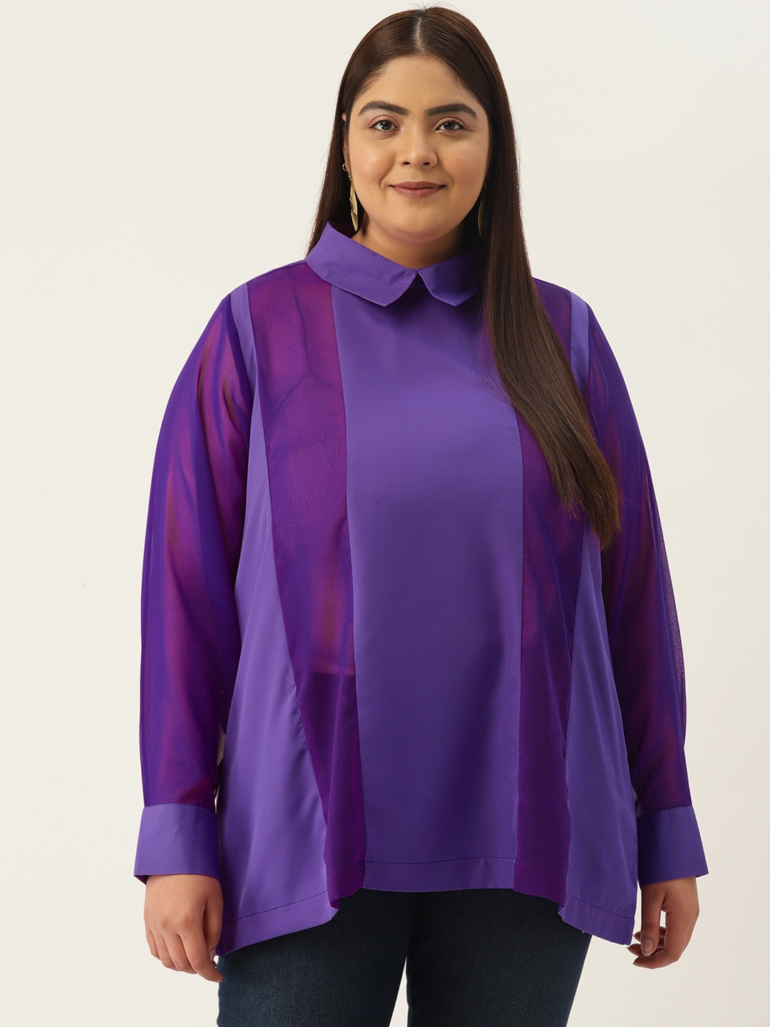

theRebelinme Women Plus Size Georgette Shirt Style Longline Top, Purple